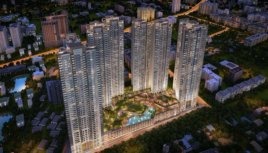 Architectural visualization of residential towers and landscaped public spaces