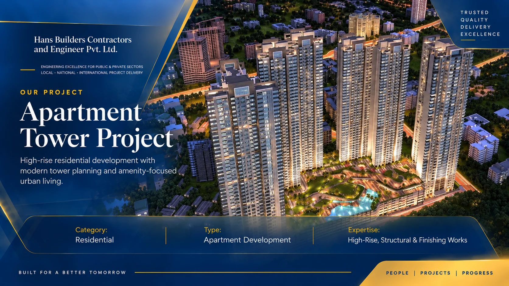 Supplied presentation visual of illuminated apartment towers and landscaped grounds